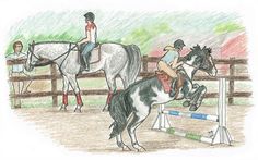 a drawing of two people on horses jumping over an obstacle