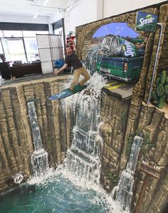 a man riding a snowboard over a waterfall in the middle of a painting on a wall