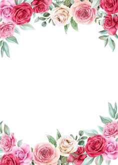 a floral frame with pink and red roses