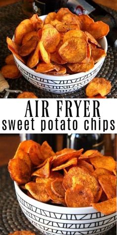 Spicy orange sweet potato chips are filling a black and white bowl. Sweet Potato Chips Fried, Spicy Sweet Potato Chips, Air Fryer Sweet Potato Chips, Spicy Chips, New Air Fryer Recipes, Air Fryer Recipes Snacks, Snack Sani, Air Fried Food