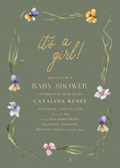 a baby shower is shown with flowers and greenery on the bottom, in gold foil