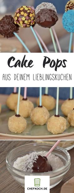 cake pops with chocolate and sprinkles on sticks in a glass bowl next to other dessert items