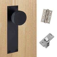 an image of a door handle and latch on a wooden door with two screws