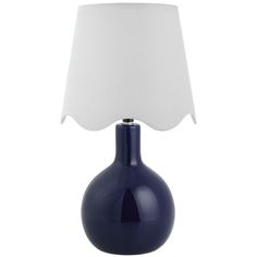 a blue table lamp with a white shade on the top and bottom part of it