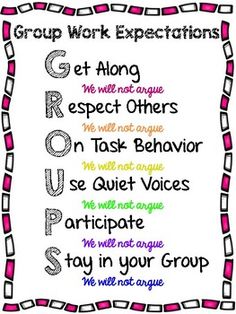 a group work expectations poster with the words group work expectations written in different font styles