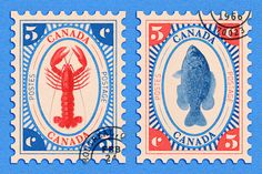 two postage stamps with lobsters and fish on them, one is blue and the other is red