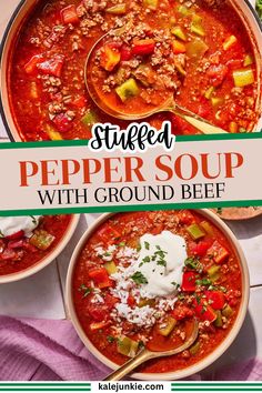 Stuffed pepper soup with ground beef is a warm and comforting meal. This recipe brings together all the familiar ingredients of stuffed bell peppers, rice, ground meat, and fresh vegetables, into a tasty soup that's easy to make. It's a great option for cozy dinners on a cold winter night.