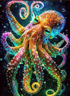 an octopus in the water with bubbles on it's face and tentacles, as well as