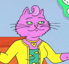 a drawing of a pink cat with green eyes and yellow shirt, standing in front of a clock