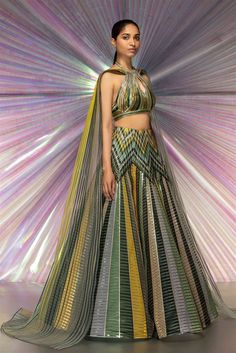 Metallic Lehenga, Fashion Design Books, Green Lehenga, Unique Blouse, Indian Fashion Designers, Striped Fabric, Indian Designer Outfits