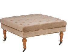 the foot stool is made from wood and has wheels on each side with studding