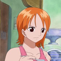 an anime character with red hair and brown eyes holding a cell phone in her hand