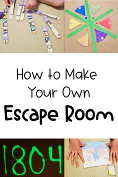 There are 4 escape room puzzles shown.  From popsicle sticks with puzzle clues, a color wheel clue, glowing numbers and a mapping clue, kids will love this escape room kit. Free Escape Room Printable, Diy Escape Room For Kids, At Home Escape Room For Kids, Homemade Escape Room, How To Make An Escape Room At Home, How To Make Your Own Escape Room, How To Set Up An Escape Room, Printable Escape Room Kit Free, Making Your Own Escape Room