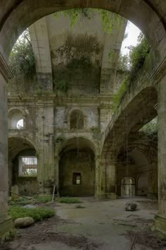 an abandoned building with plants growing on the ceiling and windows to the other side,