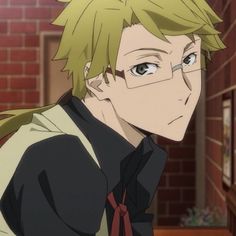 an anime character with green hair wearing glasses and a black shirt in front of a brick wall