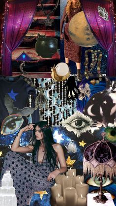 a collage of photos with different types of items and colors on them, including an image of a woman standing in front of a stage