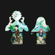 two anime characters sitting on a bench in front of a black background with water and clouds