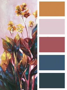 a painting of yellow flowers on a pink background with color swatches for the palette