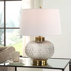 Uttermost Estelle Embossed Smoke Gray Glass Table Lamp With White Linen Shade Chandelier Candle Holder, Bookcase Lighting, Accent Side Table, Candle Chandelier, Grey Glass, Glass Table Lamp, Linen Shades, Coffee And End Tables, Dining Table Chairs