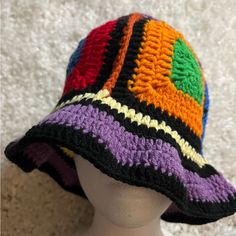 Nwot Crochet Multi Colored Cap Purple Crochet Yarn Hat, Purple Adjustable Crochet Hat, Multicolor Wide Brim Crochet Hat, Purple Crochet Hat For Spring, Purple Brimmed Crochet Hat, Retro Multicolor Crochet Hat For Vacation, Colorful Crochet Casual Hats, Purple One Size Bucket Hat With Curved Brim, Purple Crochet Hat One Size