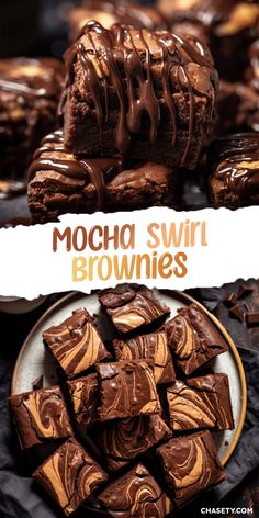 chocolate swirl brownies on a plate with the words mocha swir above it