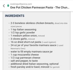 the ingredients list for chicken parmesan pasta