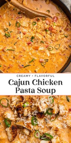 creamy and flavorful cajun chicken pasta soup in a skillet