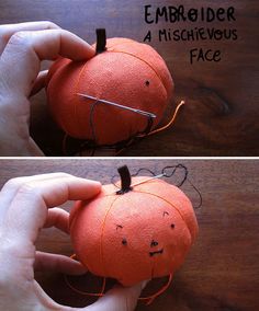 two pictures of an orange stuffed pumpkin being stitched together