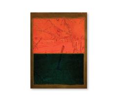 an orange and green painting in a brown frame on a white wall with a black border