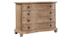 a wooden dresser with four drawers and two knobs on the front, against a white background