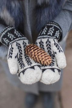 a pair of gloves with a pine cone in it's palm is held up