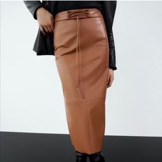 Zara Bnwt Faux Leather Skirt Sz Md Spring Faux Leather Pencil Skirt, Chic Spring Faux Leather Pencil Skirt, Chic Long Pencil Skirt For Fall, Brown Leather Skirt For Spring, Spring Brown Leather Skirt, Chic High Waist Brown Skirt, Leather Long Skirt For Fall, Leather Lined Skirt For Winter, Leather Pencil Skirt For Spring