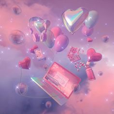 some balloons and other items floating in the air with stars above them on a purple background