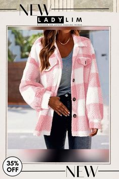 Casual Warm Plaid Coat Shacket Women, Pola Jaket, Checked Coat, Longline Jacket, Plush Coat, Plaid Shacket, Purple Plaid, Pinterest Closet