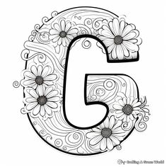 the letter g is decorated with flowers and swirly lines, as well as daisies