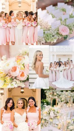 the bridesmaids in pink dresses and bouquets are posing for pictures at their wedding