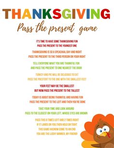 a thanksgiving poem with an image of a turkey and the words thanksgiving pass the present game