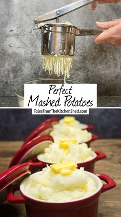 mashed potatoes in red bowls with cheese being drizzled over them and the words perfect mashed potatoes above it