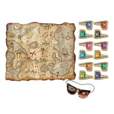 a pirate map with sunglasses and other accessories