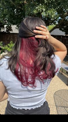 Pikaboo Hair Color Red, Under Peekaboo Hair, Wavy Peekaboo Hair, Dark Brown With Burgundy Underneath, Brown Hair With Colored Underneath, Red Peakaboo Brown Hair, Under Dyed Hair Wavy, Black Cherry Underneath Hair, Dark Red Hair Color Underneath