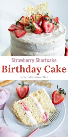 This Strawberry Shortcake Birthday Cake is the perfect rendition of traditional strawberry shortcake with a twist! Not only is it completely soft + fluffy, but it’s rich in flavor from vegan vanilla cake layers and comes loaded with a velvety cream cheese buttercream that when paired with this sweet strawberry filling, it’s absolutely irresistible and is sure to become the newest celebratory tradition for the entire family. Small Strawberry Birthday Cake, Strawberry Shortcake Tiered Cake, Strawberry Vanilla Birthday Cake, Strawberry Cream Cheese Shortcake, Strawberry Shortcake Flavored Cake, Vanilla Cake Recipe With Strawberry Filling, Strawberry Shortcake Bday Cake, Homemade Strawberry Birthday Cake, Good Birthday Cake Recipes