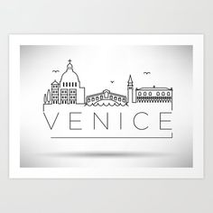 the word venice written in black ink on a white paper with an image of buildings