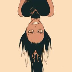 a woman with long hair is upside down on her head and has eyes wide open