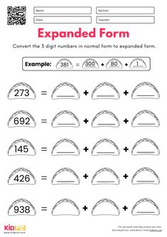 the expanded form worksheet is shown with numbers to be written in each column