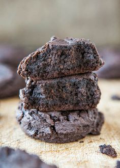 three chocolate cookies stacked on top of each other