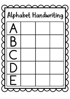 an alphabet handwriting practice sheet with scalloped letters and numbers on the front, in black and white