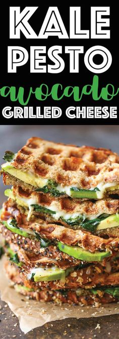 grilled pesto and cucumber sandwich stacked on top of each other with text overlay