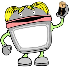 a cartoon character holding up a battery