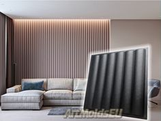 an image of a living room setting with vertical blinds on the wall and couches