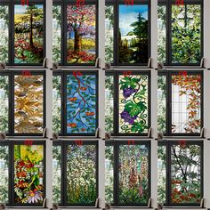 twelve different stained glass windows with trees and flowers on them, all showing the same window sill